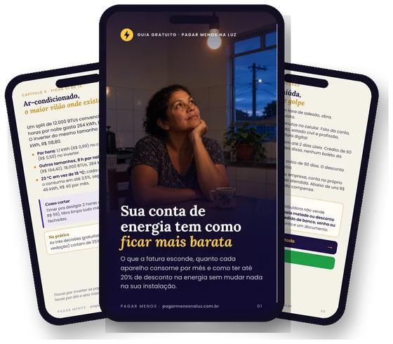 Páginas do guia Sua conta de energia tem como ficar mais barata abertas em três celulares