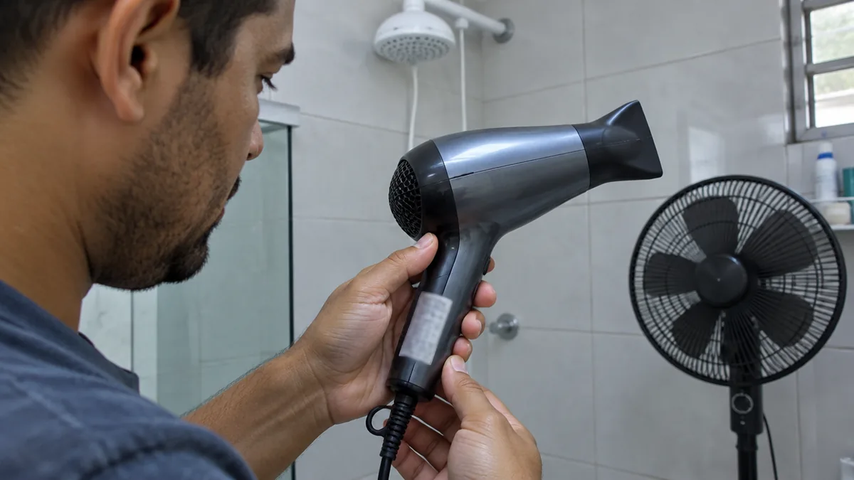 Mãos viram secador de cabelo para ver a etiqueta de identificação