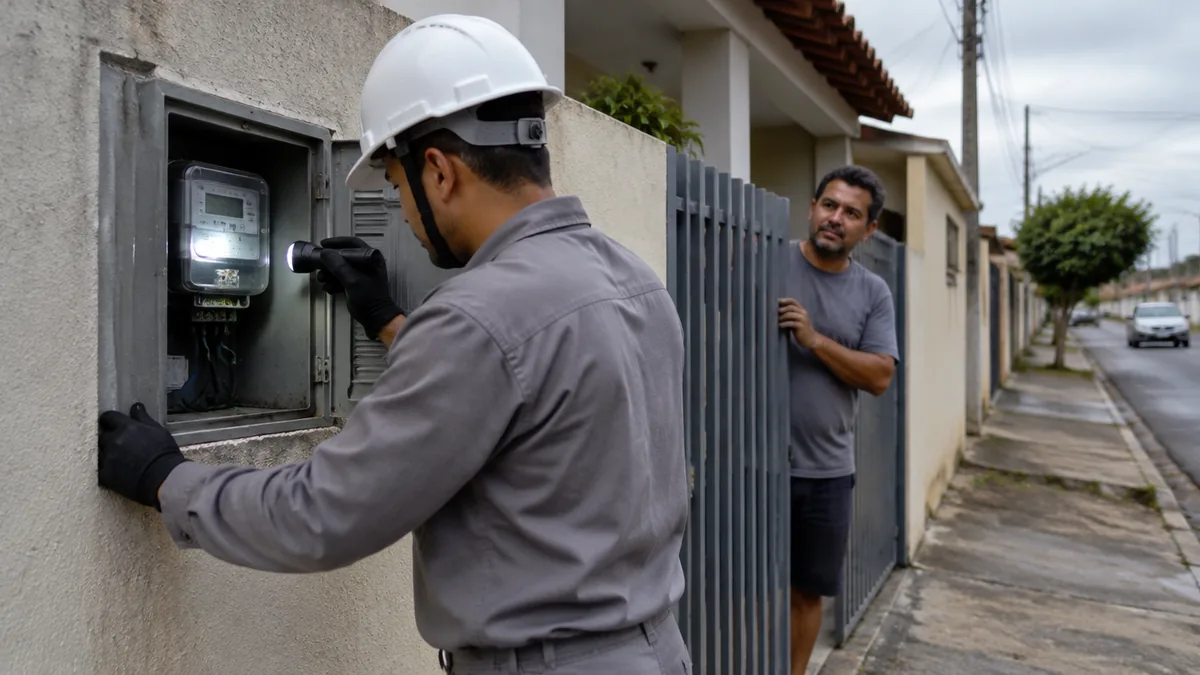 Técnico inspeciona medidor de energia no muro enquanto morador acompanha