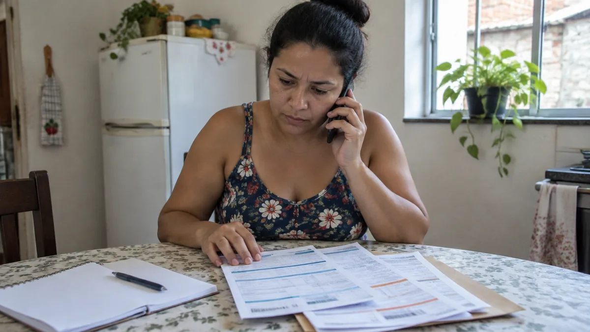 Mulher ao telefone com contas de luz espalhadas na mesa da cozinha
