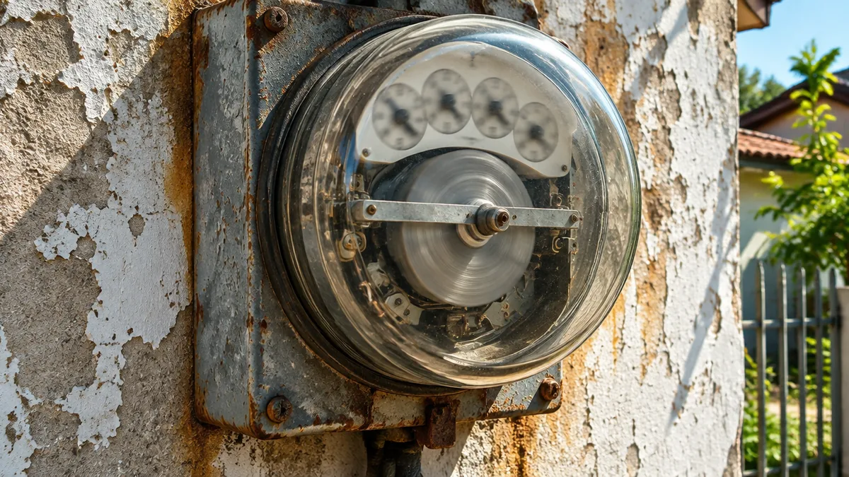 Medidor de luz antigo com disco de alumínio em parede desgastada