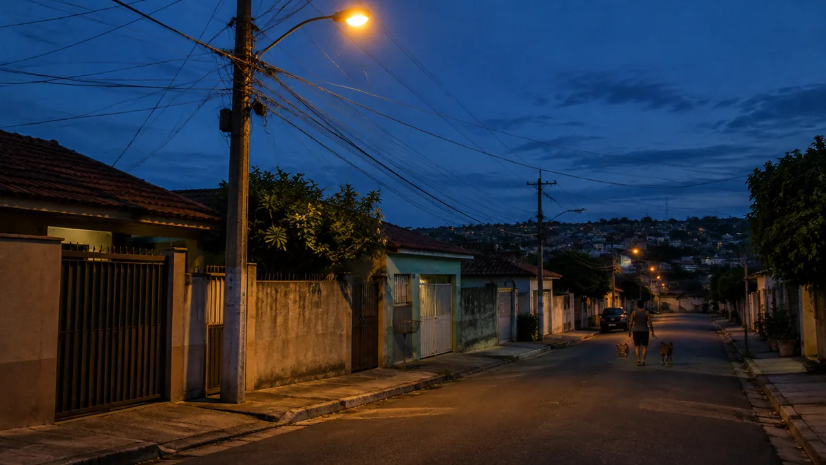 Poste de iluminação pública aceso ao anoitecer em rua de bairro