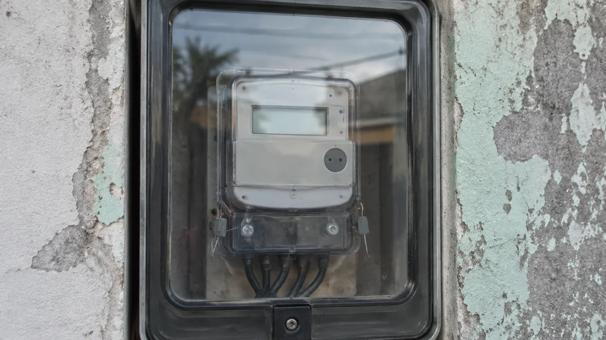 Medidor eletrônico de energia visto pela janela de vidro da caixa