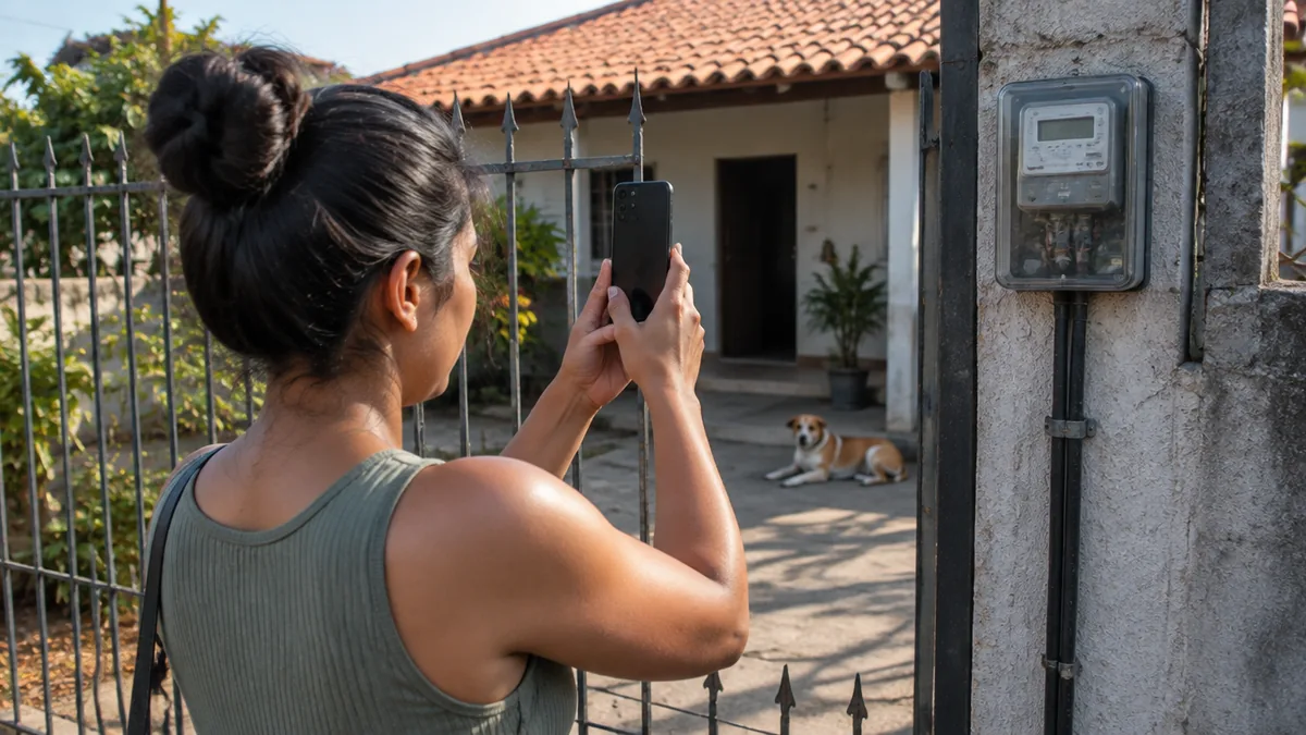 Jovem fotografa medidor pelo portão de casa com cachorro no quintal