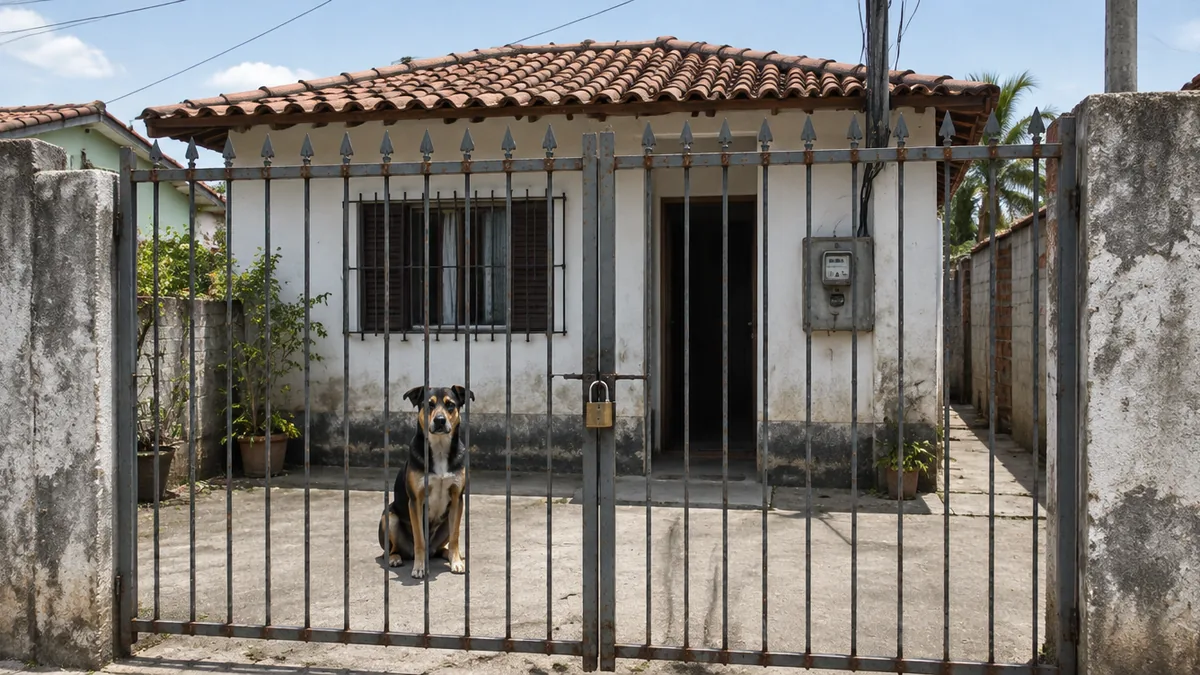Portão trancado com cachorro e medidor de luz ao fundo