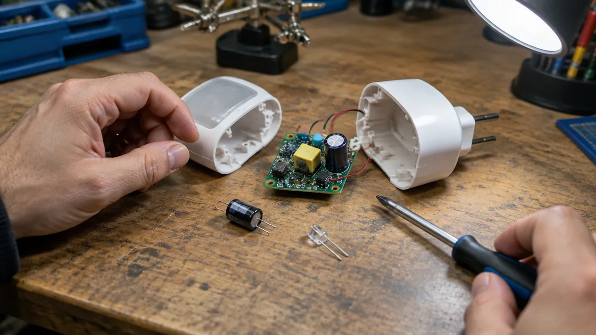 Economizador de energia aberto mostrando o capacitor e a placa interna