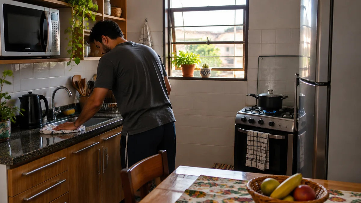 Cozinha pequena com micro-ondas, geladeira e fogão em uso