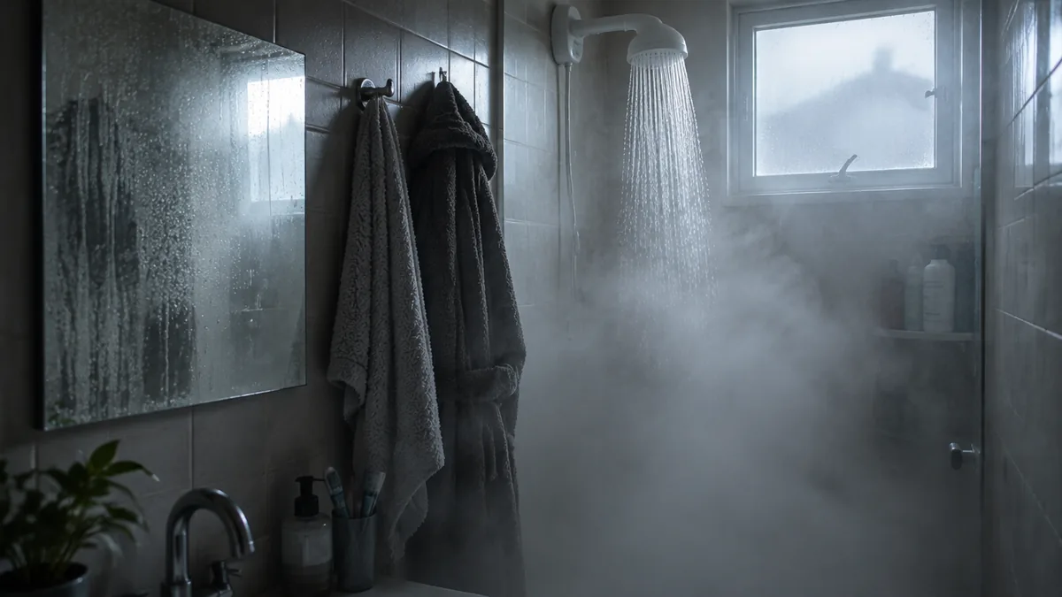 Banheiro cheio de vapor com chuveiro elétrico ligado no inverno