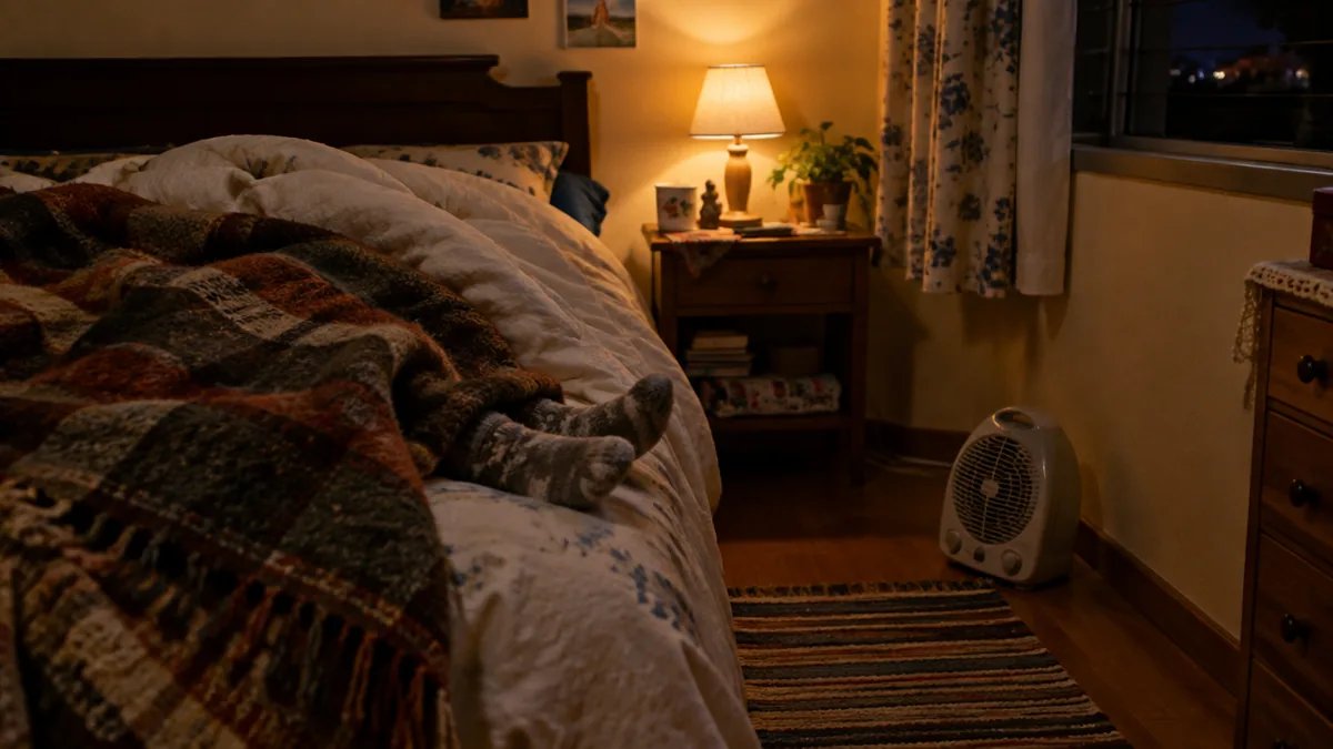 Cama com edredom grosso e aquecedor desligado no chão do quarto