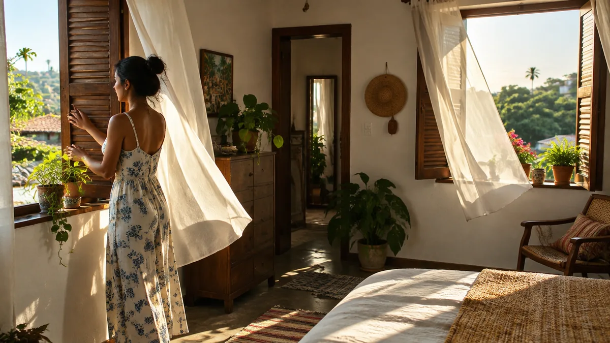 Janelas abertas em lados opostos da casa com cortinas ao vento
