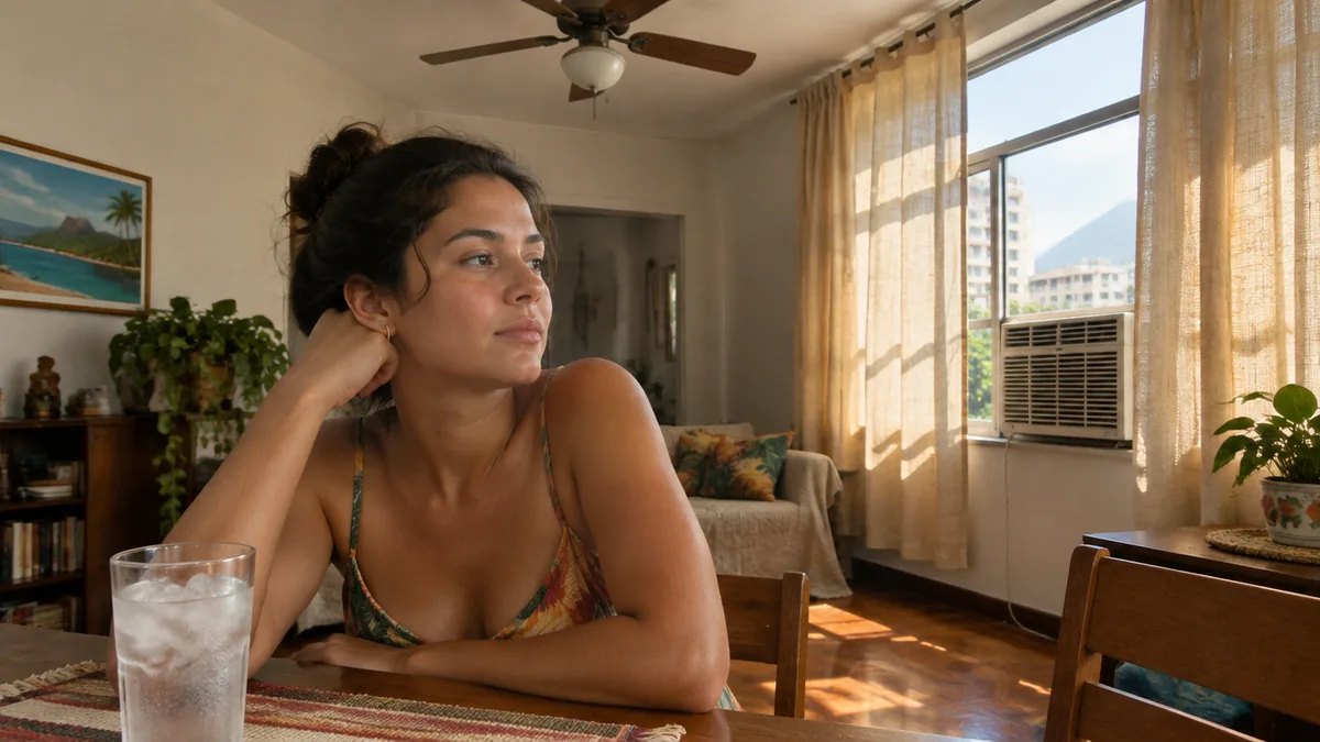Mulher em apartamento quente com ar-condicionado e ventilador de teto ligados