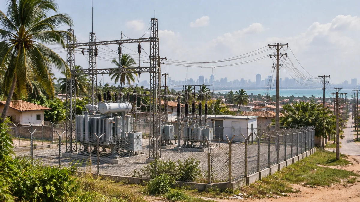 Subestação de energia cercada por coqueiros na periferia de Fortaleza
