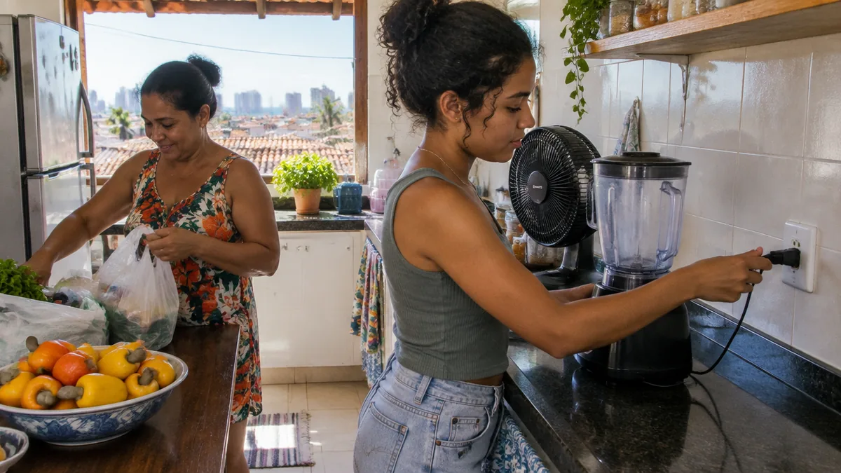 Mãe e filha guardam as compras e desligam o liquidificador na cozinha