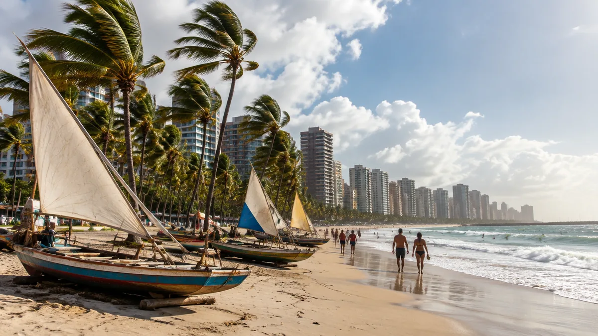 Praia de Fortaleza com jangadas na areia e prédios ao fundo
