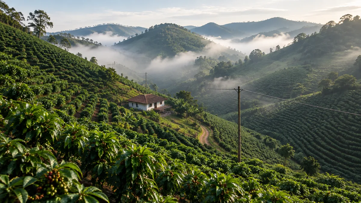 Lavoura de café em morros do noroeste capixaba com linha de energia rural