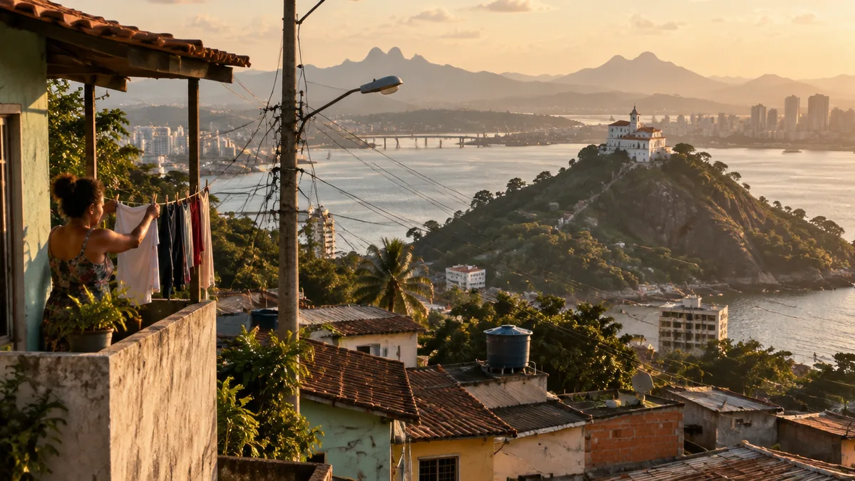 Mulher estende roupa na varanda com o Convento da Penha ao fundo