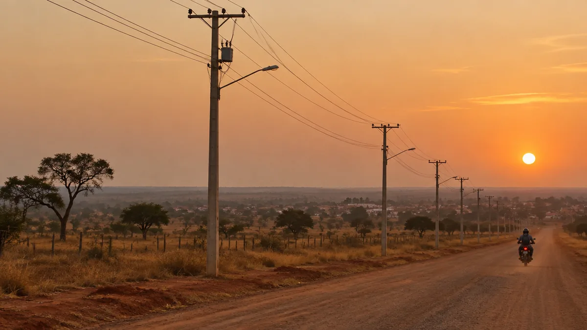 Postes e fios em rua de terra no cerrado goiano ao pôr do sol