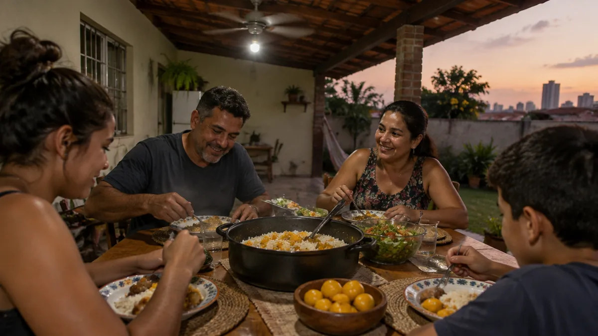 Família de Goiânia janta na varanda sob ventilador e lâmpada LED