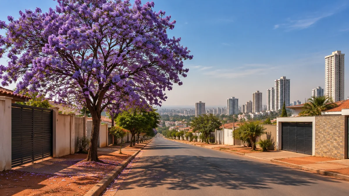 Rua de Goiânia com ipê roxo florido e prédios ao fundo