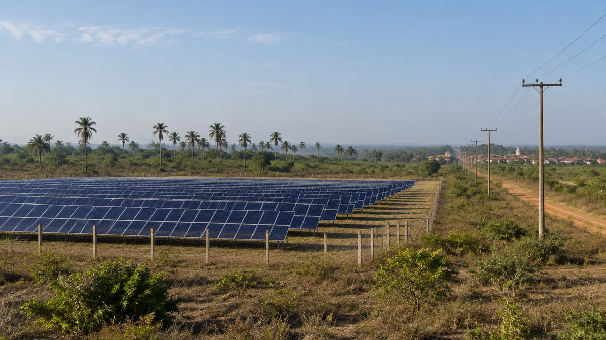 Usina solar em campo no interior do Maranhão com palmeiras de babaçu ao fundo
