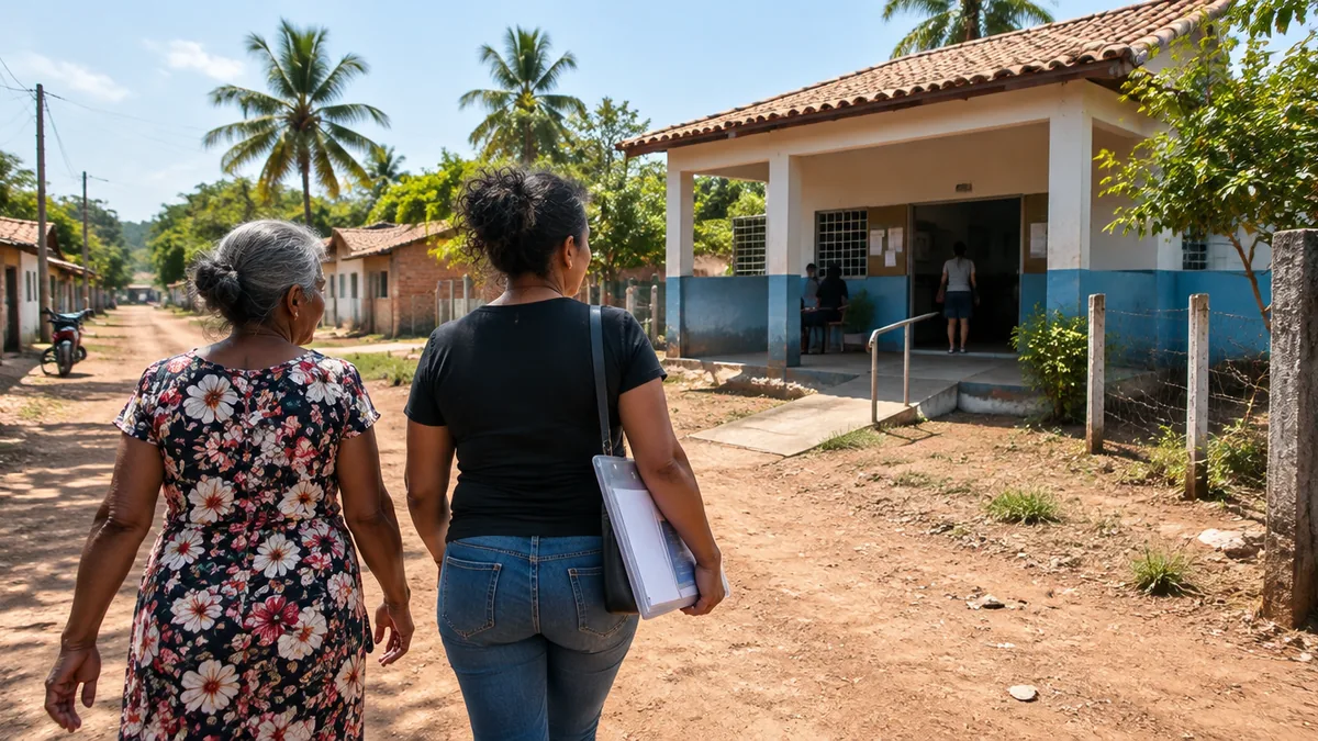 Avó e mãe caminham com pasta de documentos rumo ao posto de assistência