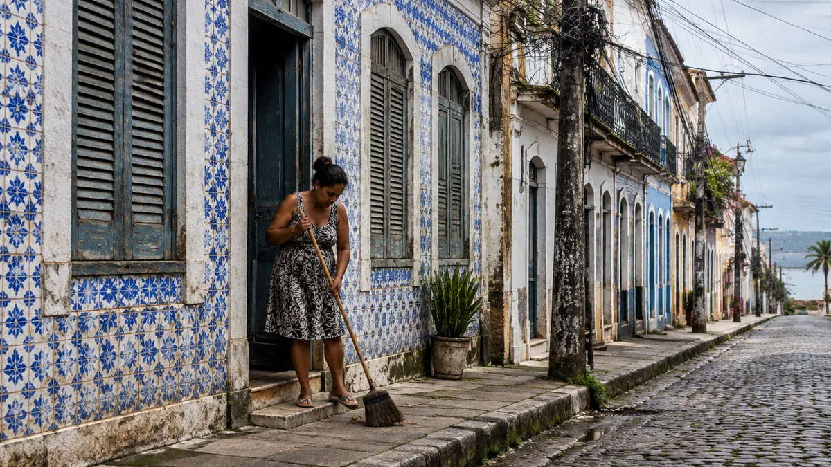Mulher varre a calçada na porta de casa com azulejos em São Luís