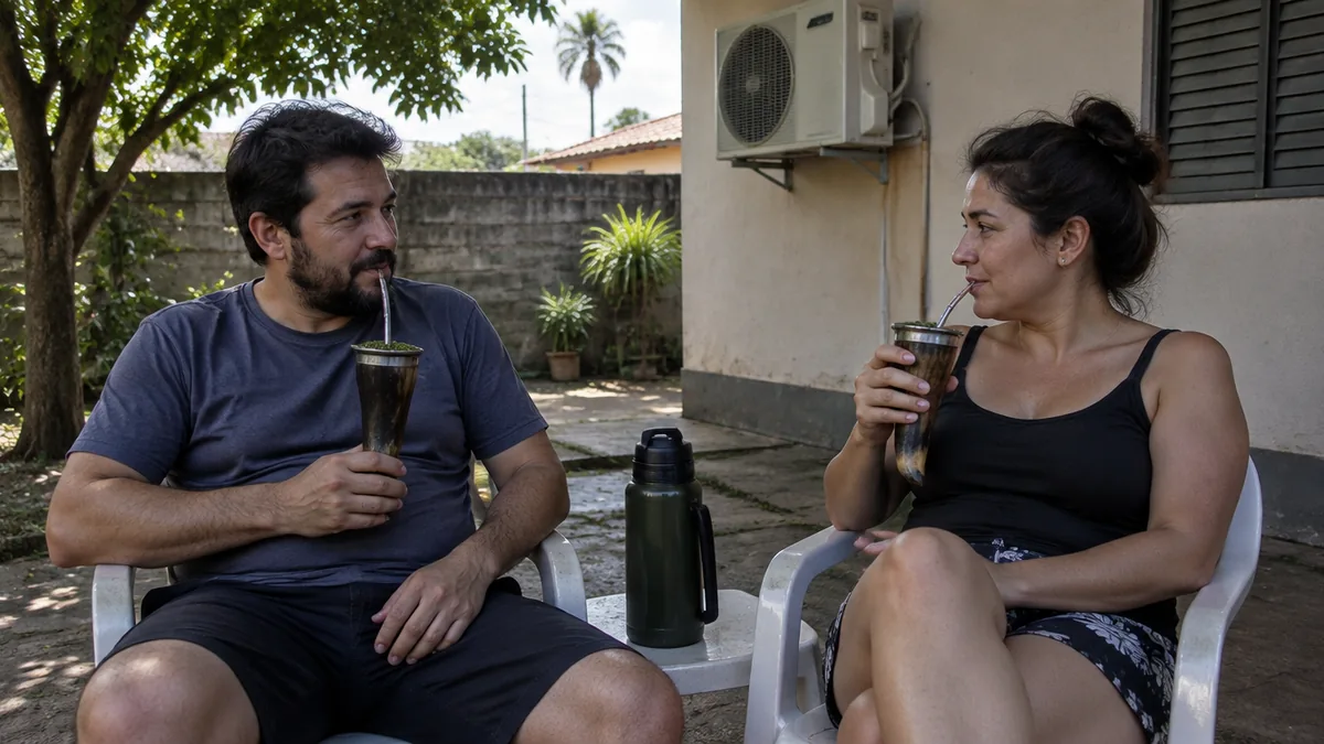 Casal toma tereré no quintal com o ar-condicionado desligado