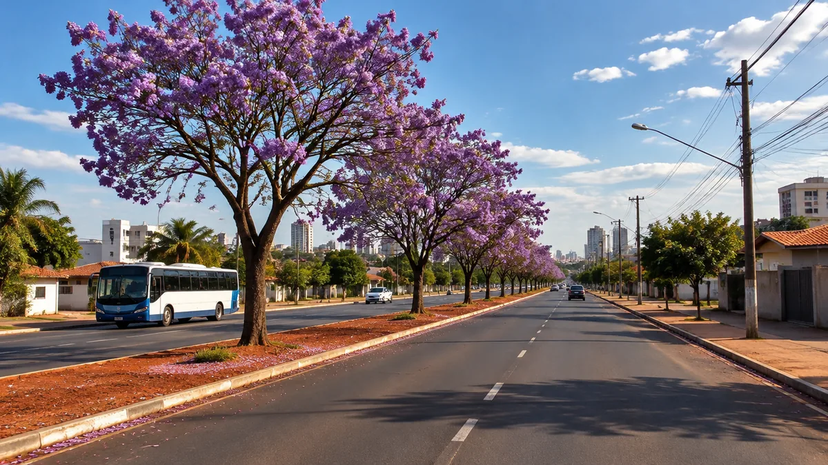 Avenida larga de Campo Grande com ipês roxos e terra vermelha