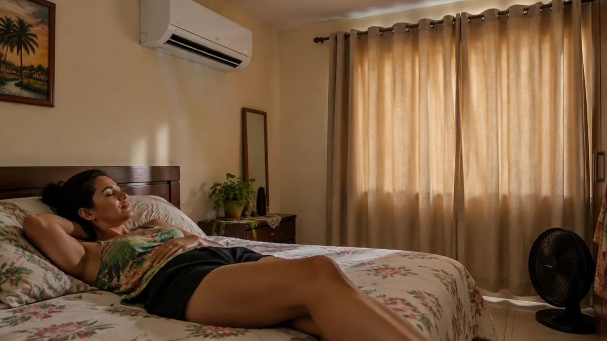 Ar-condicionado split ligado em quarto simples em Cuiabá durante o calor