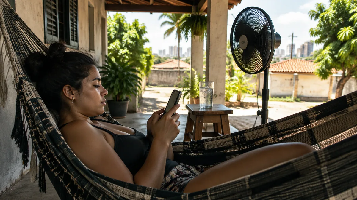 Jovem na rede da varanda em Cuiabá faz o cadastro pelo celular