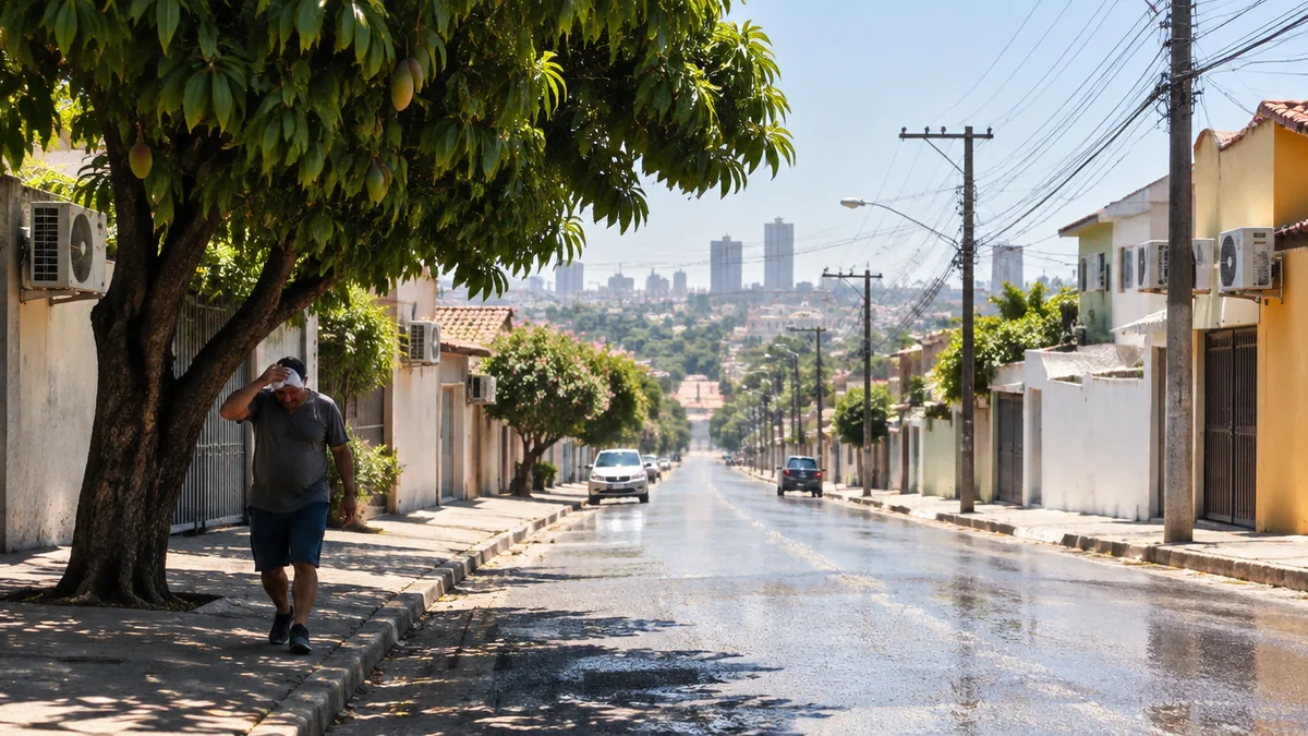 Rua de Cuiabá sob calor forte com mangueira e aparelhos de ar-condicionado