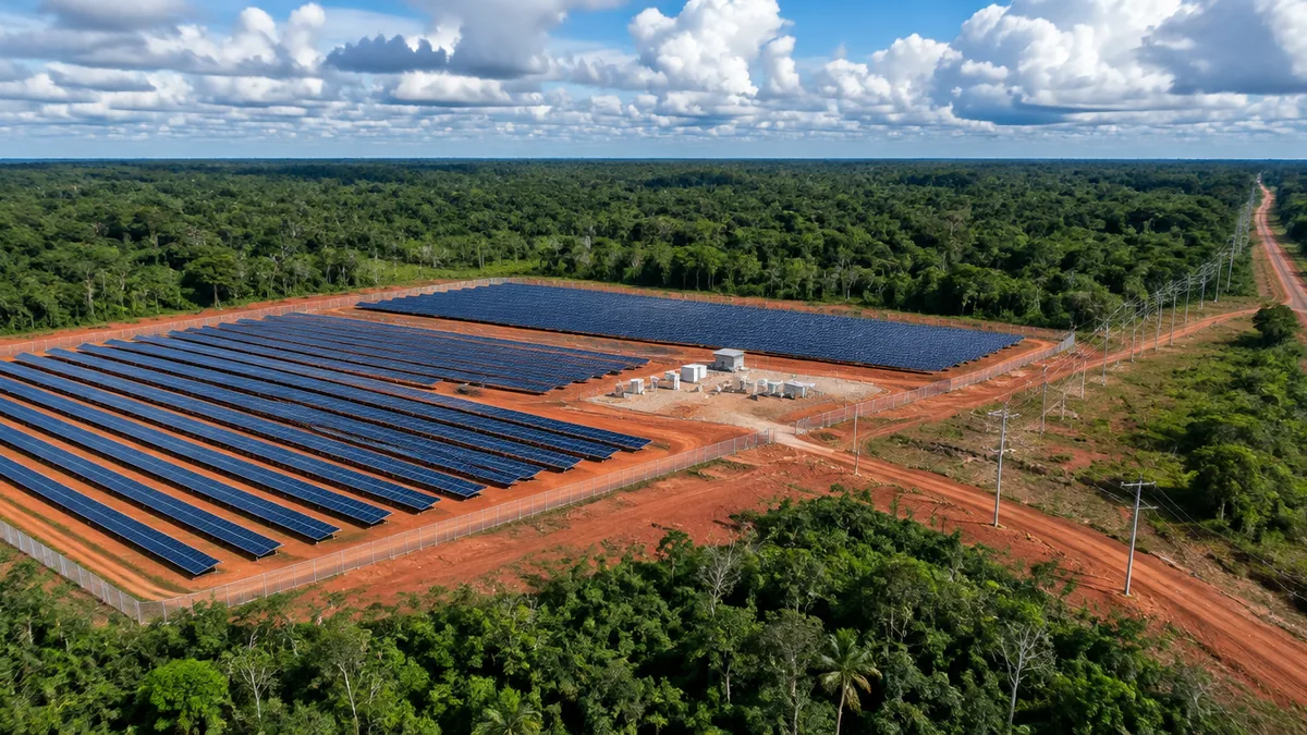 Usina solar em terra vermelha com floresta amazônica no horizonte, no Pará