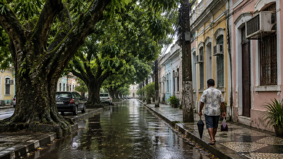 Homem volta para casa em rua de Belém sombreada por mangueiras após a chuva