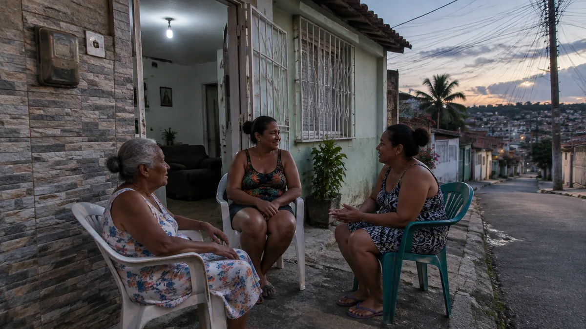 Avó e filha conversam com a vizinha na calçada à noite no Recife