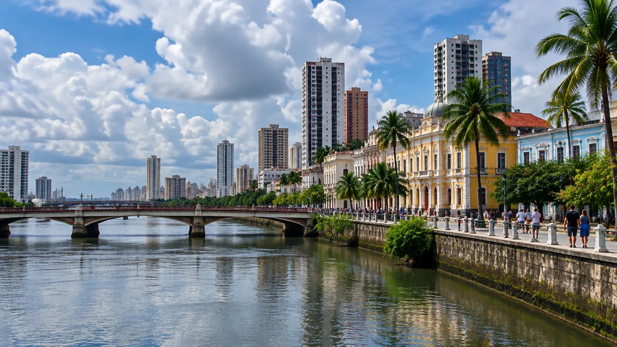 Recife com pontes sobre o rio Capibaribe e prédios antigos e novos