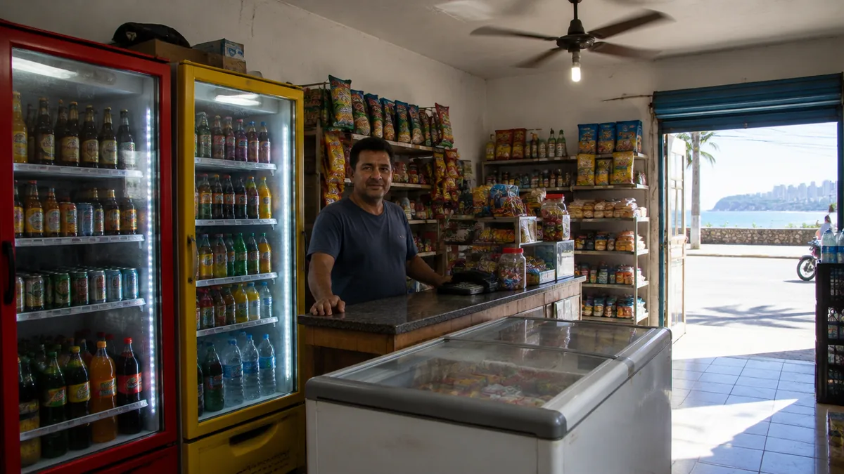 Dono de mercadinho em Natal ao lado das geladeiras de bebidas