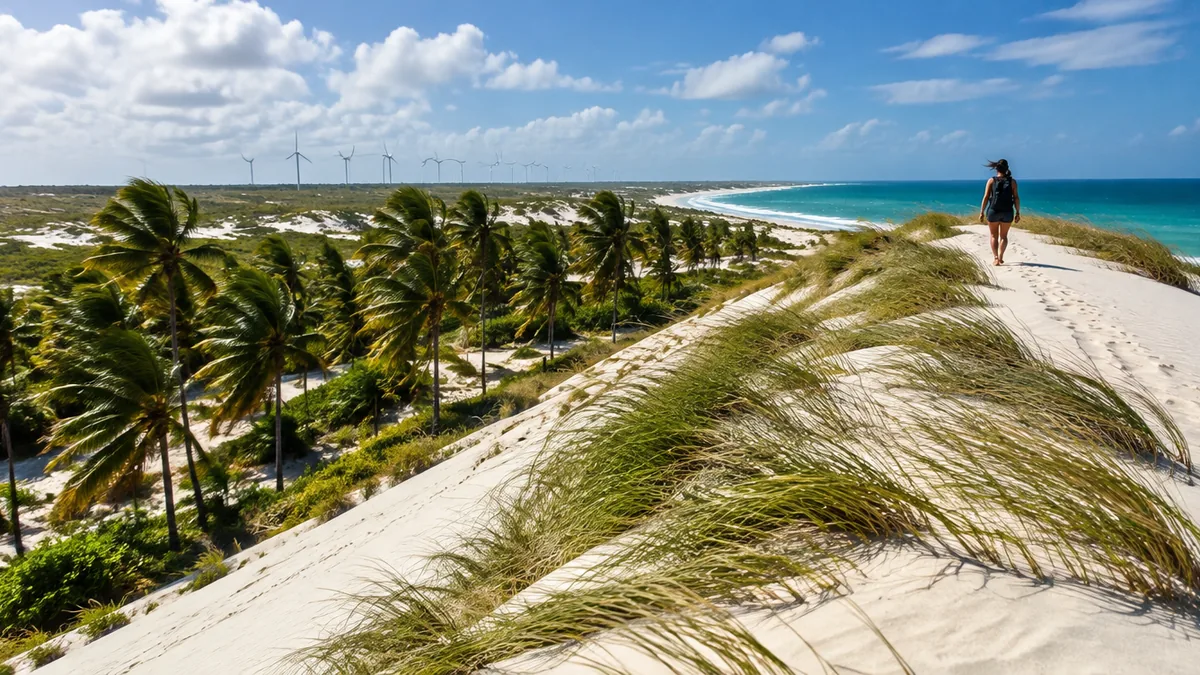 Dunas de Natal com coqueiros e turbinas eólicas no horizonte