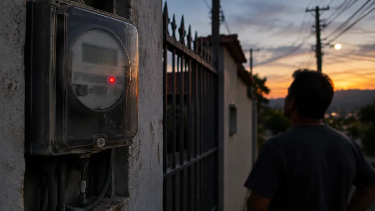 Luz vermelha do medidor de energia observada de perto ao entardecer