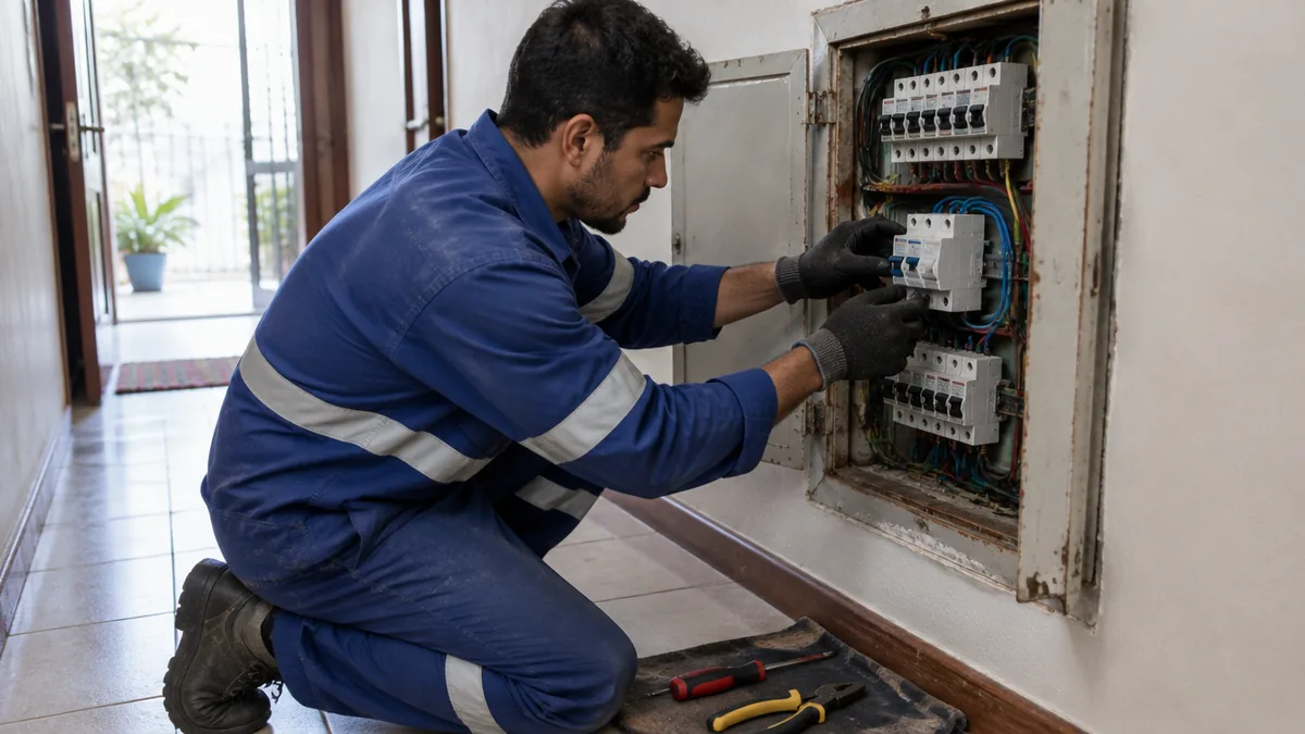 Eletricista trabalha em quadro de luz antigo em corredor de casa