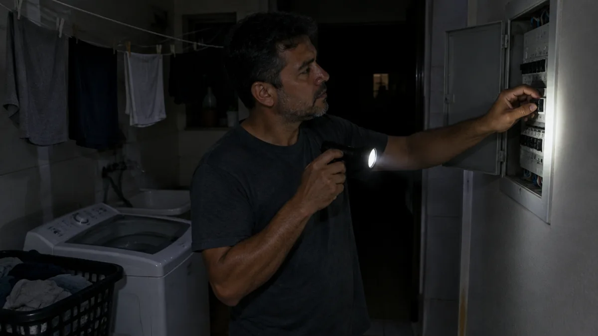 Homem desliga disjuntor no quadro de luz da área de serviço com lanterna
