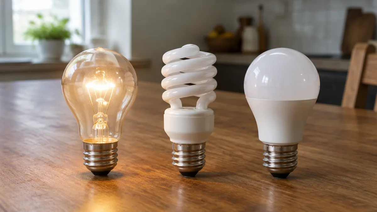 Lâmpada incandescente, fluorescente compacta e LED lado a lado sobre a mesa