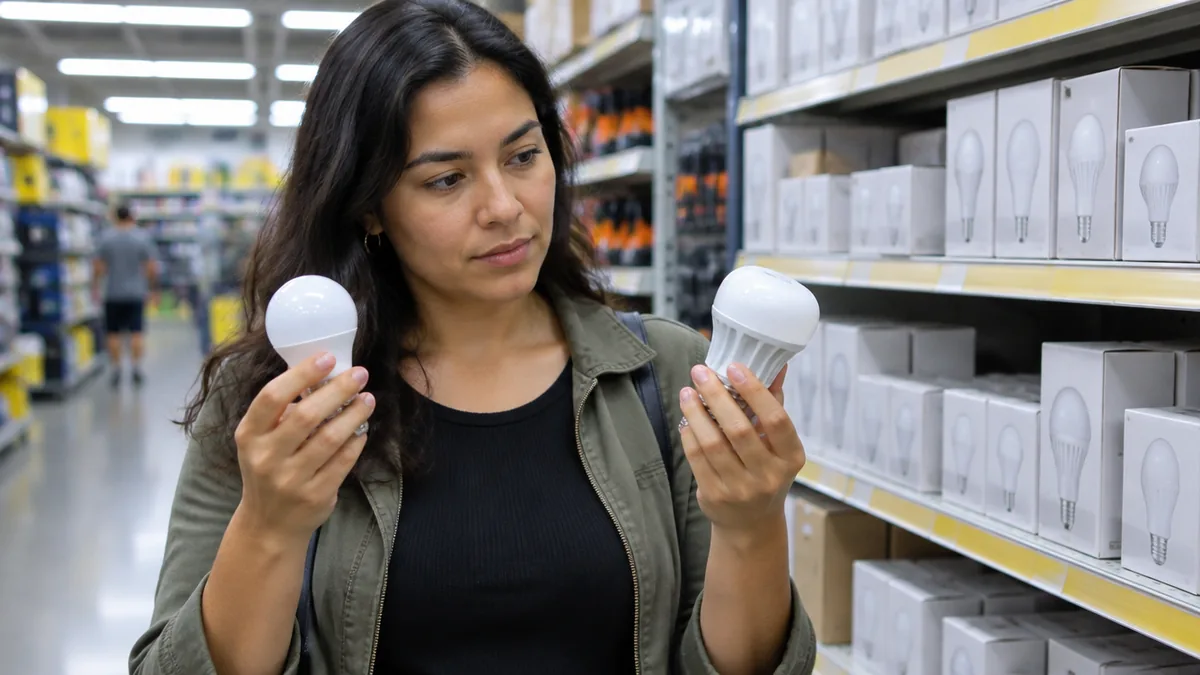 Mulher comparando duas lâmpadas LED em loja de material de construção