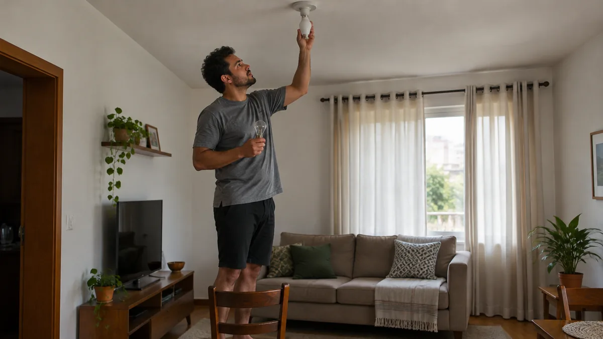 Homem trocando lâmpada antiga por lâmpada LED no teto da sala