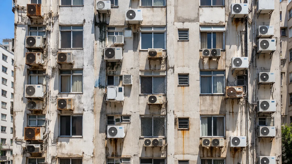 Fachada de prédio com dezenas de condensadoras de ar-condicionado