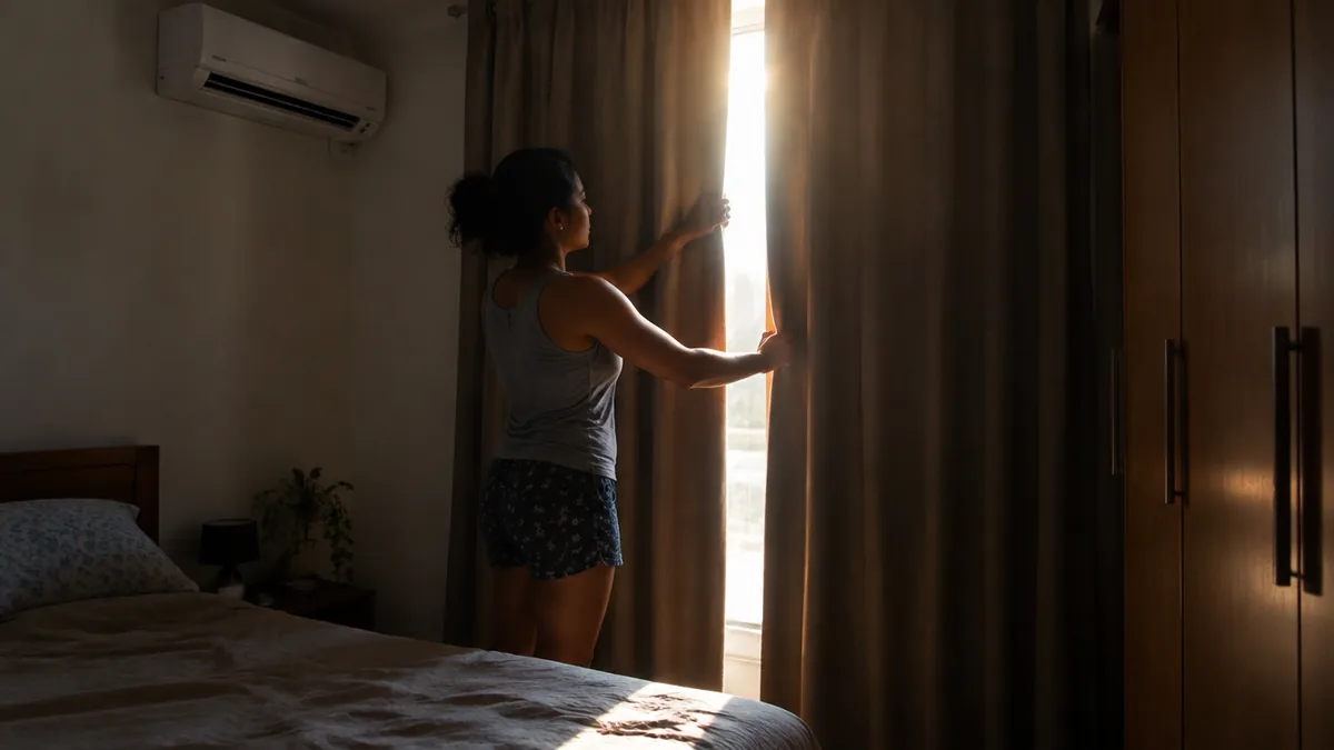 Mulher fecha a cortina contra o sol da tarde em quarto com ar-condicionado