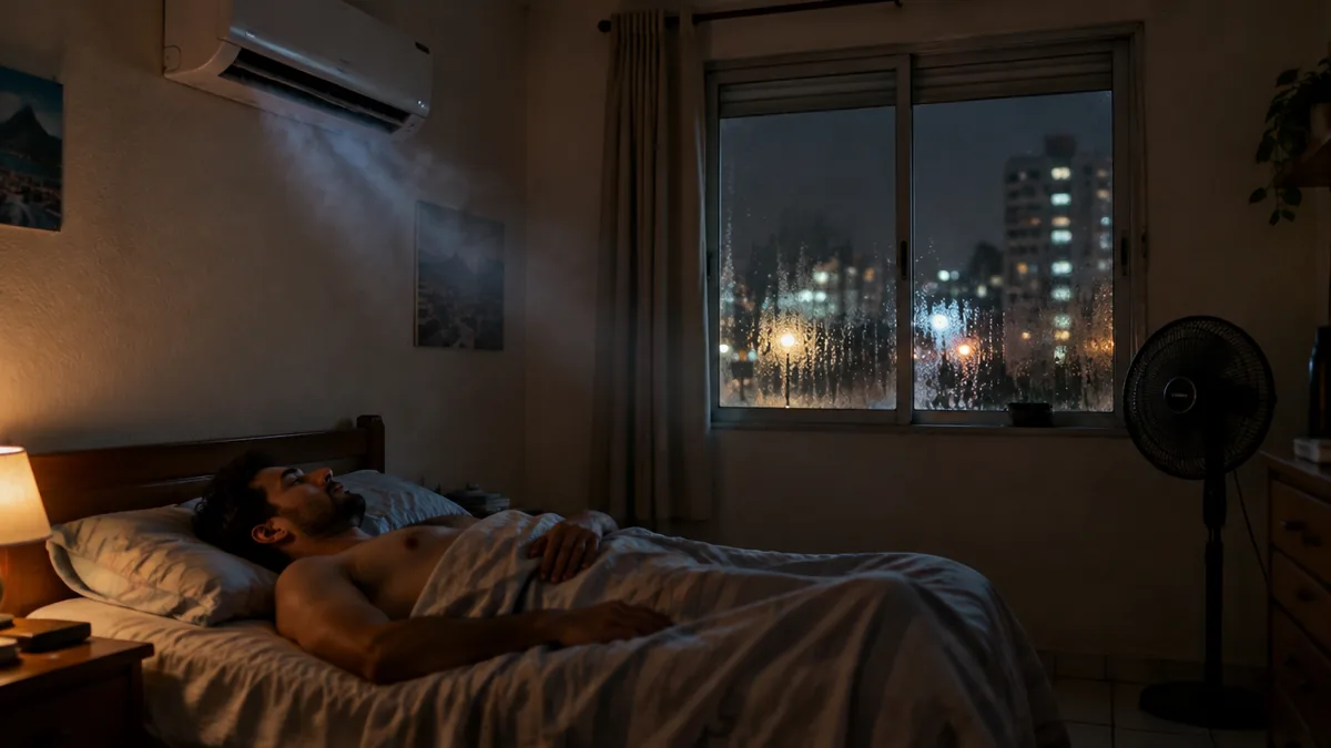 Ar-condicionado split ligado em quarto simples numa noite quente