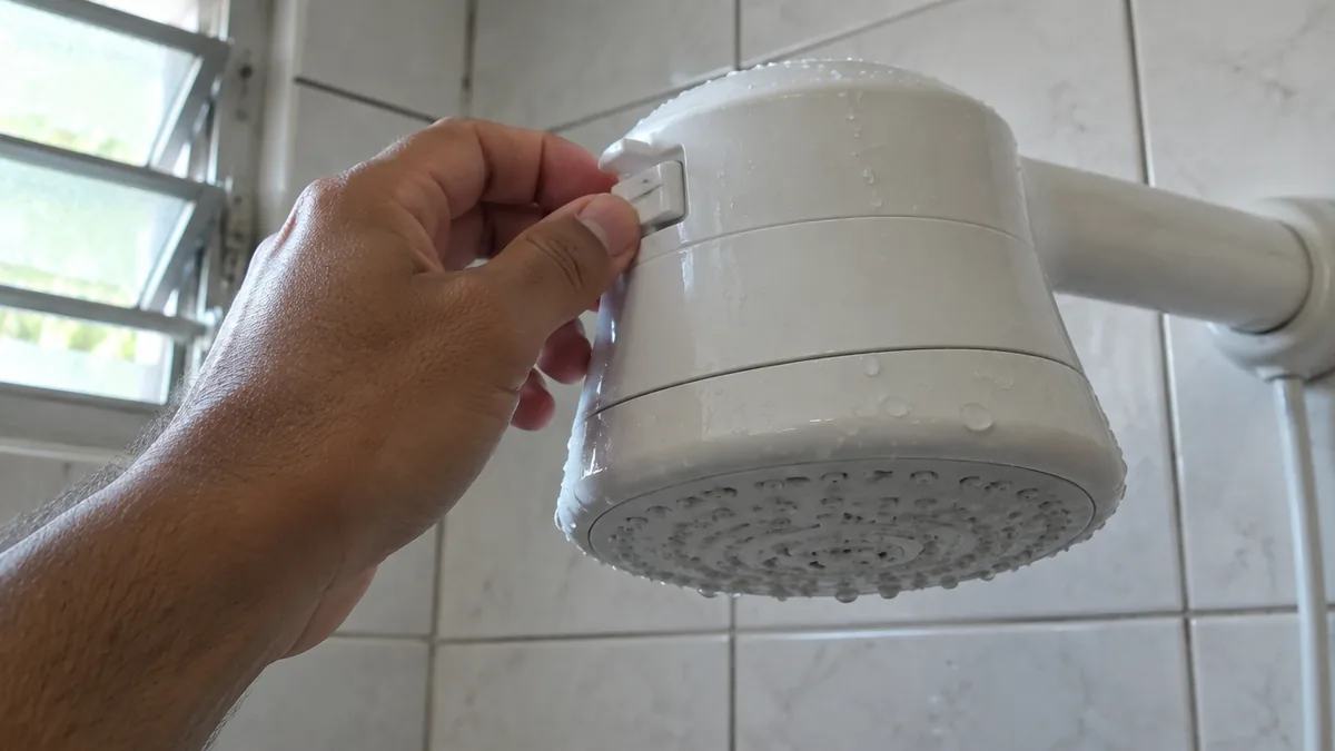 Mão ajustando a chave de temperatura de um chuveiro elétrico branco