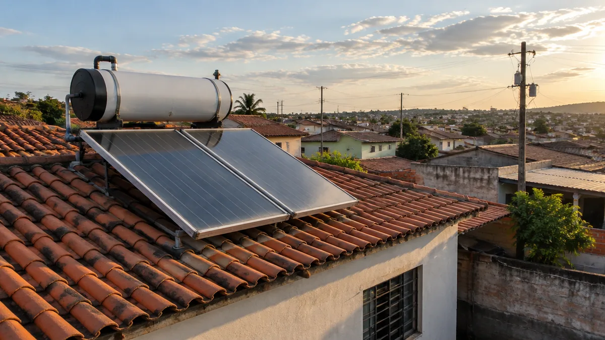 Aquecedor solar de água com reservatório sobre telhado de casa simples