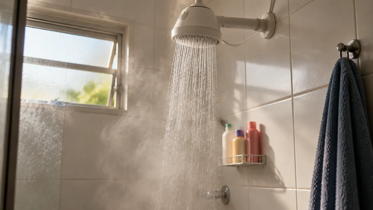 Chuveiro elétrico ligado em banheiro simples, com vapor e água quente caindo