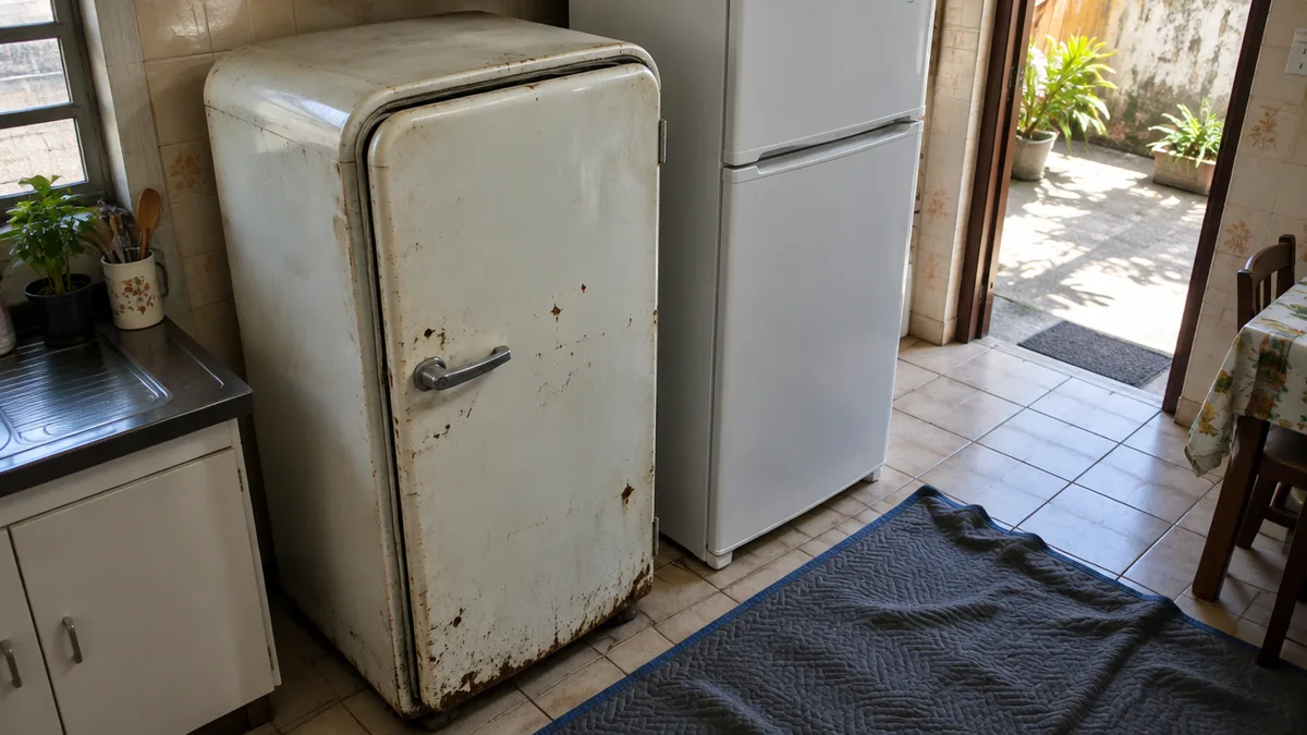 Geladeira antiga enferrujada ao lado de uma geladeira nova em cozinha pequena